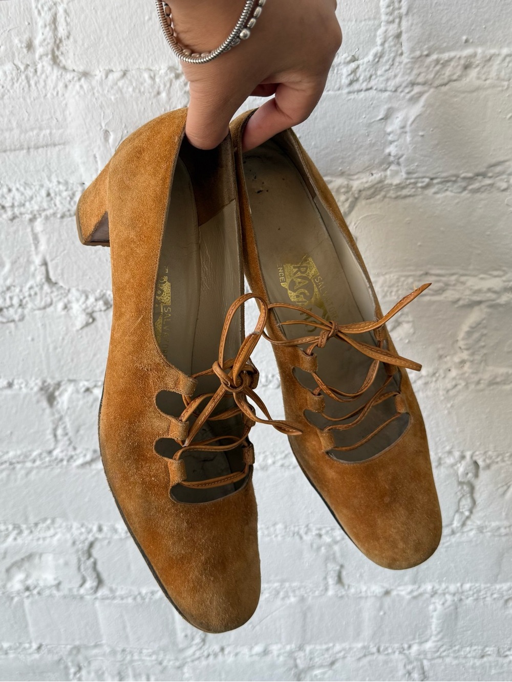 Salvatore Ferragamo Suede Lace-Up Heels in Cognac Tan